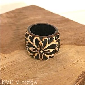 Vintage Brown Carved Resin Plastic Flower Ring
